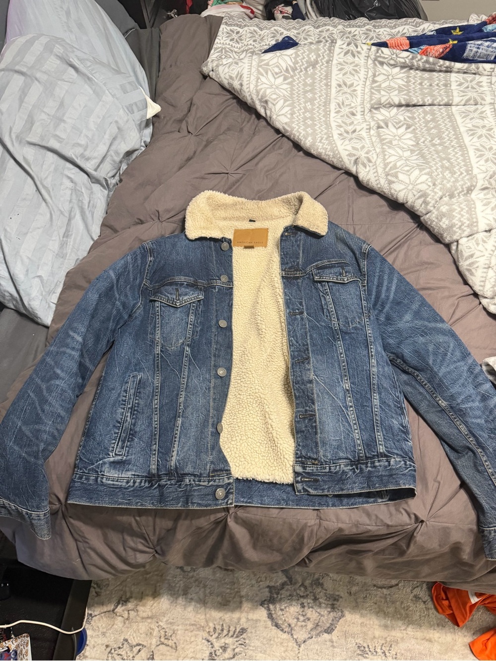 American Eagle Outfitters Blue Denim Jacket with Cream Sherpa Lining